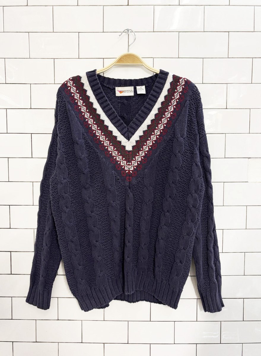 vintage 90s cristina ramie - cotton cable knit v neck sweater | tennis prep - good market thrift store