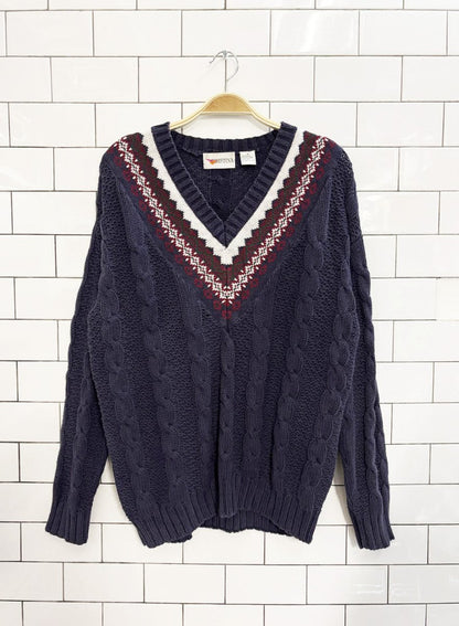 vintage 90s cristina ramie - cotton cable knit v neck sweater | tennis prep - good market thrift store