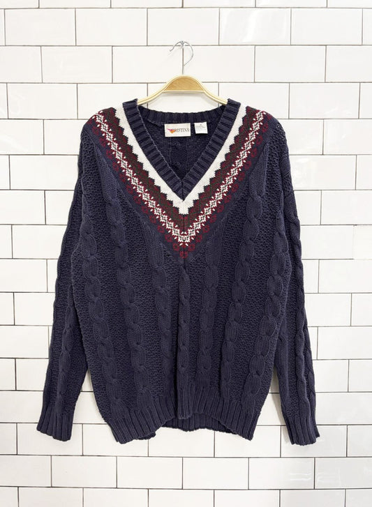 vintage 90s cristina ramie - cotton cable knit v neck sweater | tennis prep - good market thrift store