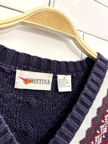 vintage 90s cristina ramie - cotton cable knit v neck sweater | tennis prep - good market thrift store