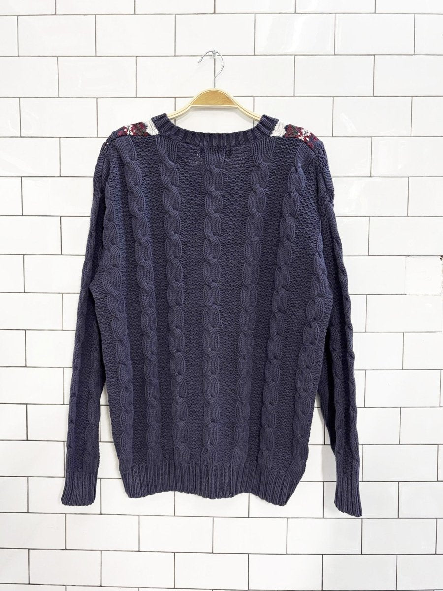 vintage 90s cristina ramie - cotton cable knit v neck sweater | tennis prep - good market thrift store