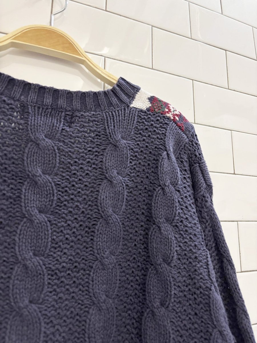 vintage 90s cristina ramie - cotton cable knit v neck sweater | tennis prep - good market thrift store