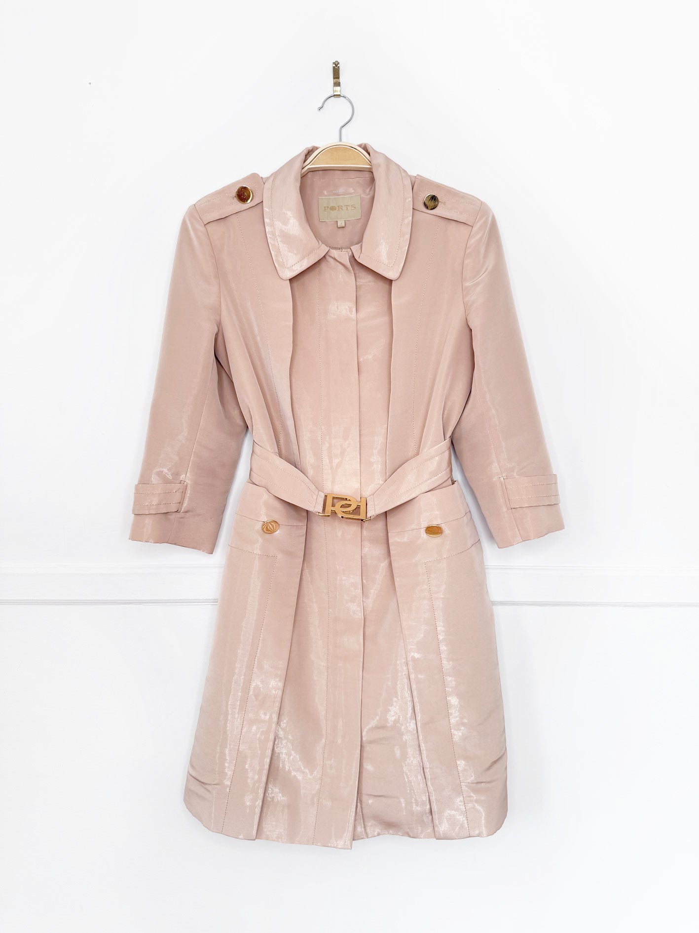 ports light shine belted short trench coat