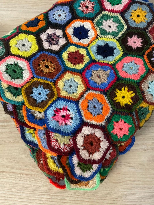 vintage 70s granny crochet hexagon quilt - good market thrift store