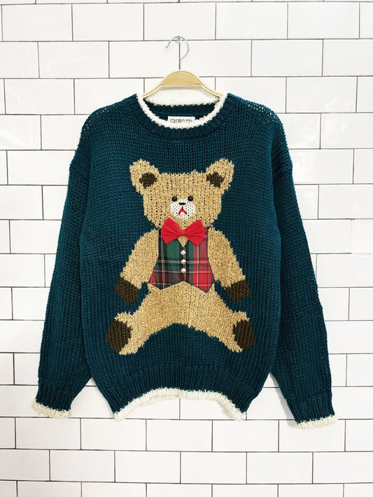 vintage 90s color cues hand - knit teddy bear sweater - good market thrift store
