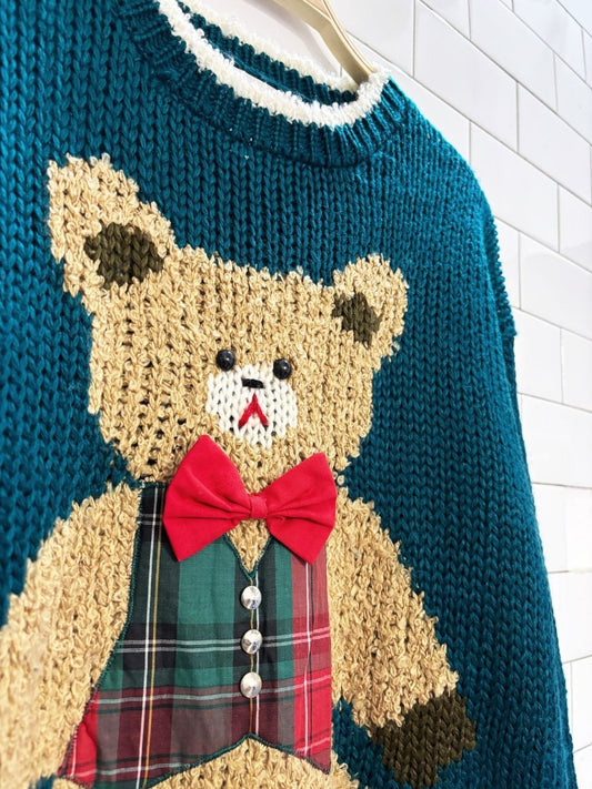vintage 90s color cues hand - knit teddy bear sweater - good market thrift store