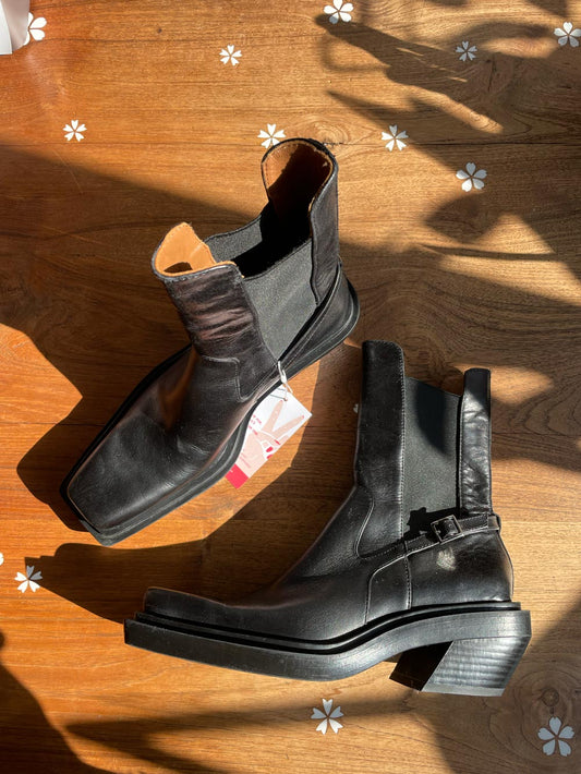 zara square toe leather western moto boots