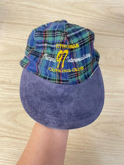 vintage 90s curling plaid cap w suede brim - good market thrift store