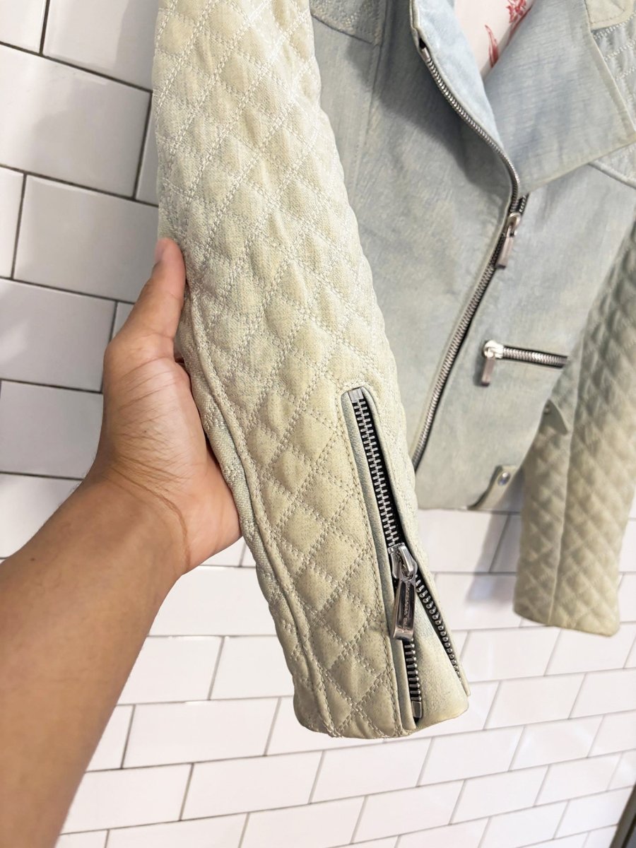 barbara bui quilted denim - print leather biker jacket - good market thrift store