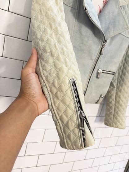 barbara bui quilted denim - print leather biker jacket - good market thrift store