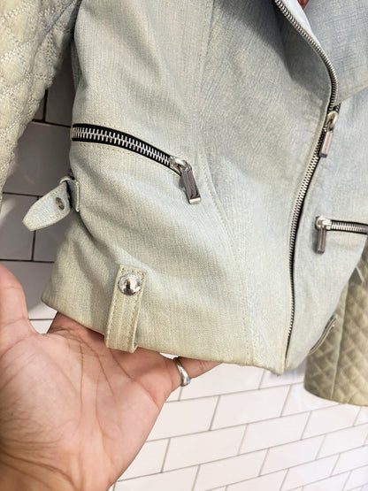 barbara bui quilted denim - print leather biker jacket - good market thrift store