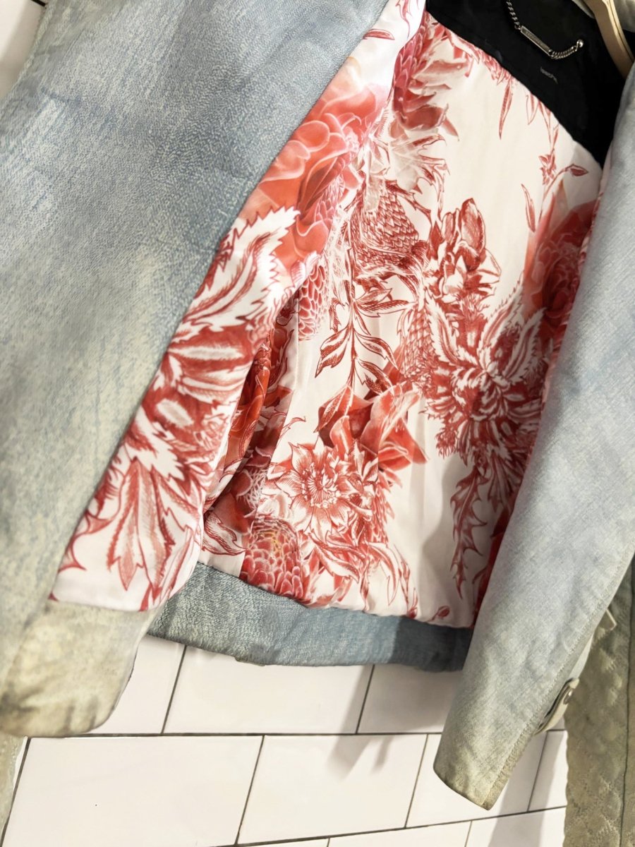 barbara bui quilted denim - print leather biker jacket - good market thrift store