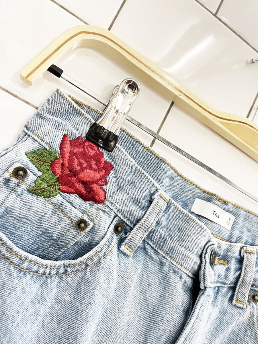 tna testani embroidered roses denim mini skirt | aritzia - good market thrift store