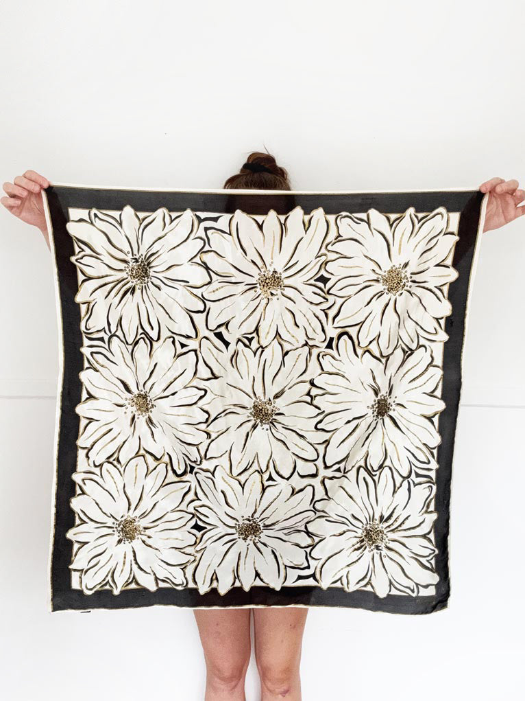 vintage oscar de la renta 100% silk floral painted square scarf | hand-rolled edge