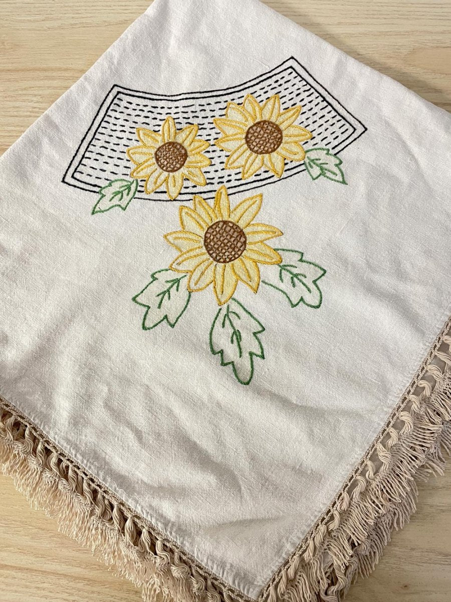 vintage hand - embroidered sunflower table cloth - good market thrift store