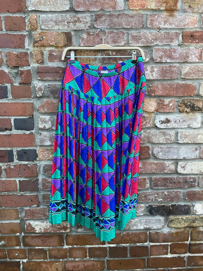 vintage paisley satin geometric pleated midi skirt