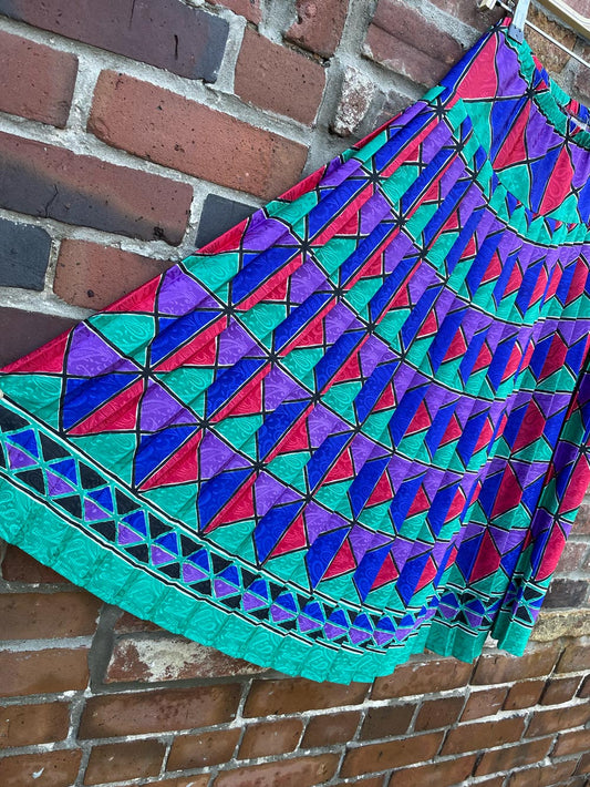 vintage paisley satin geometric pleated midi skirt