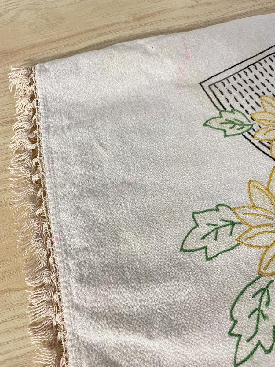 vintage hand - embroidered sunflower table cloth - good market thrift store
