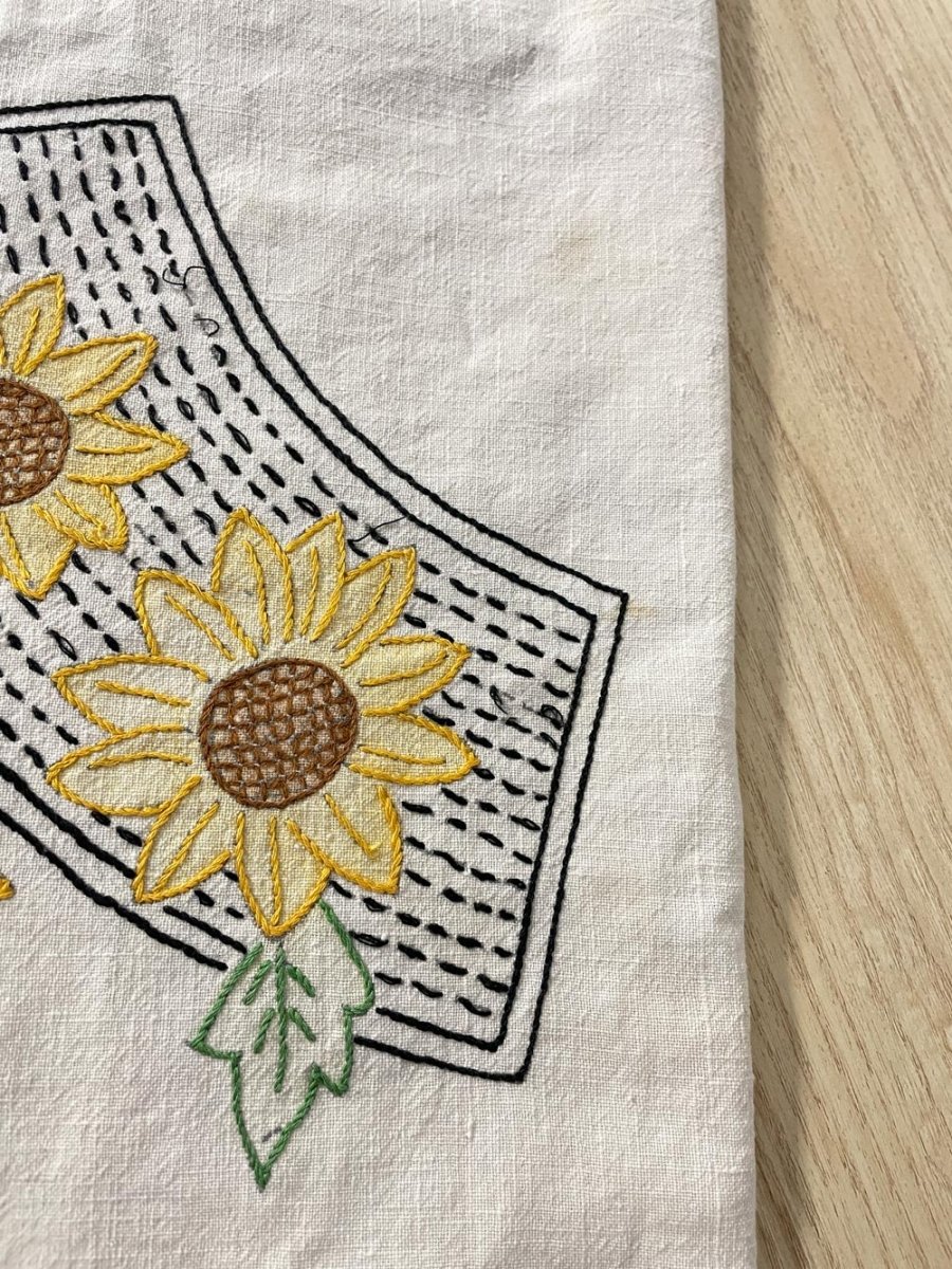 vintage hand - embroidered sunflower table cloth - good market thrift store