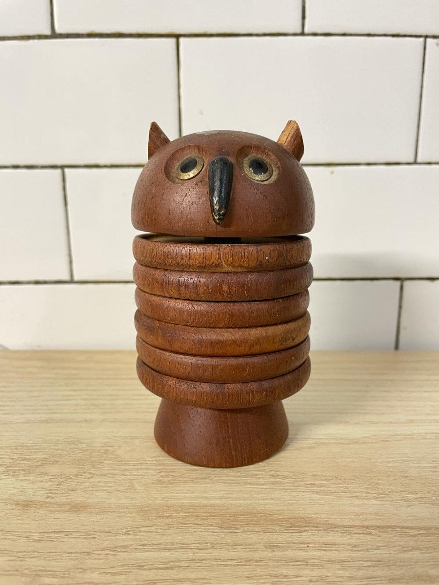 vintage mid - century wood owl coaster set - good market thrift store