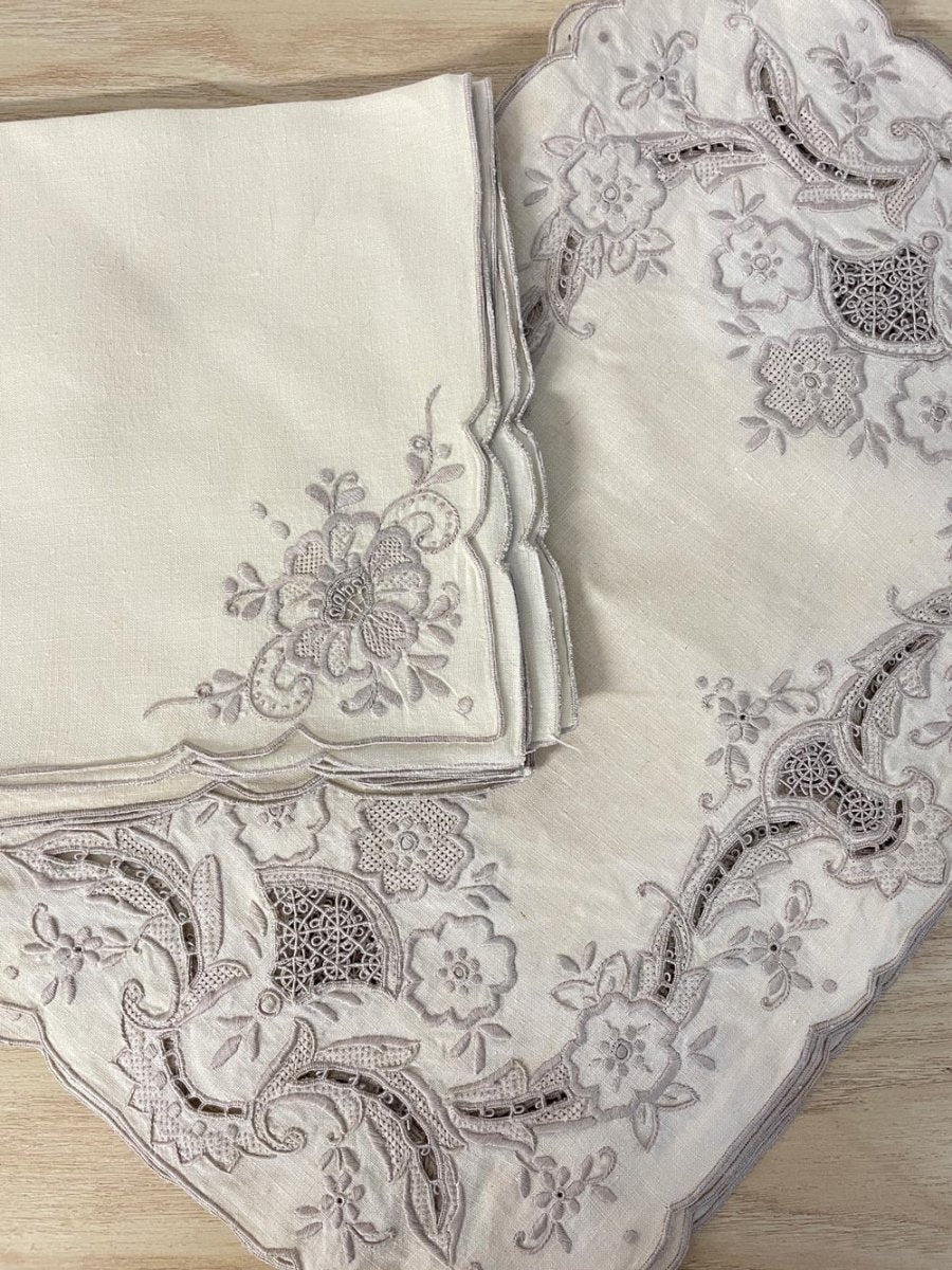 x4 vintage embroidered linen placemats + napkins - good market thrift store