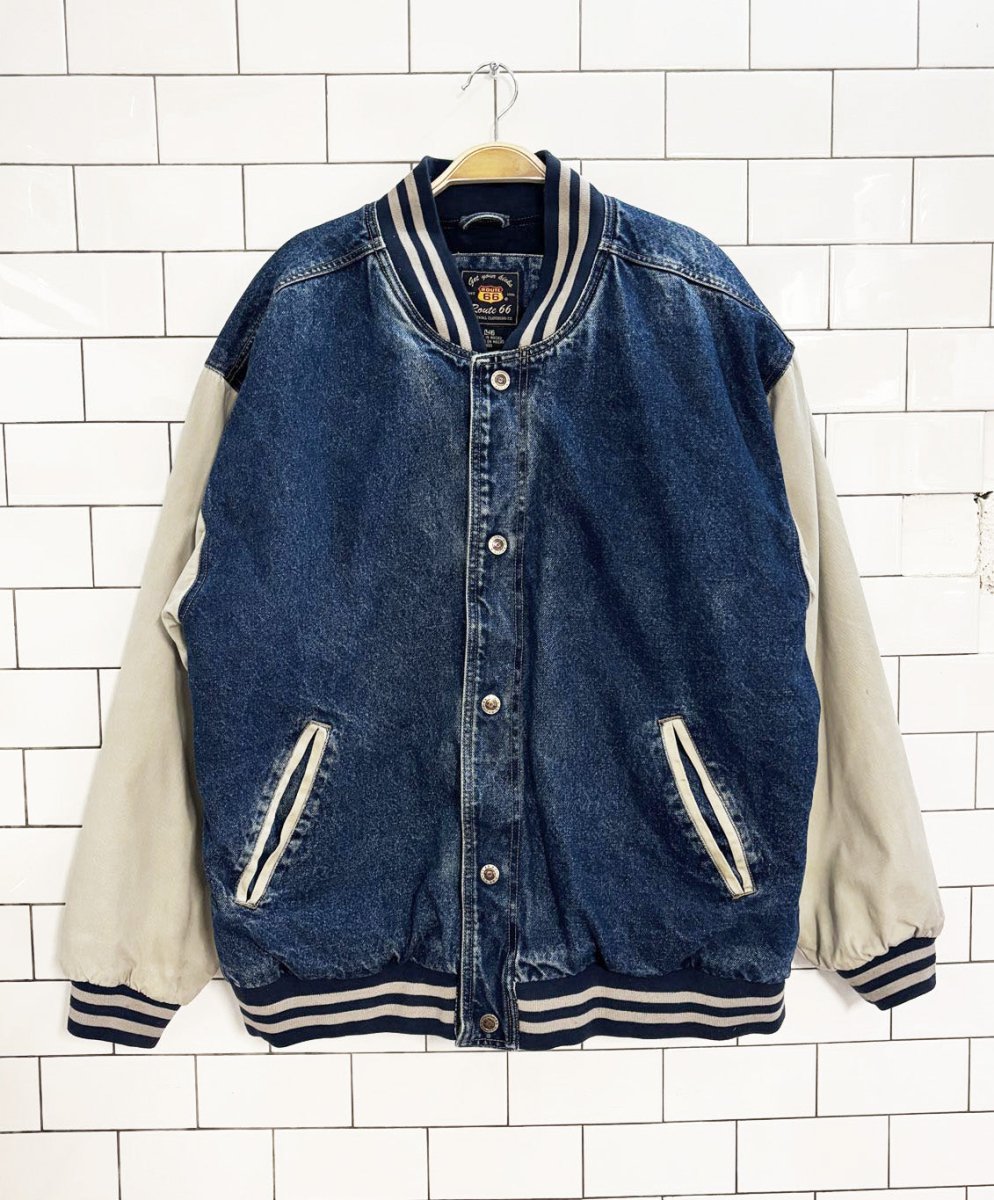 vintage 90s route 66 denim varsity bomber jacket - good market thrift store