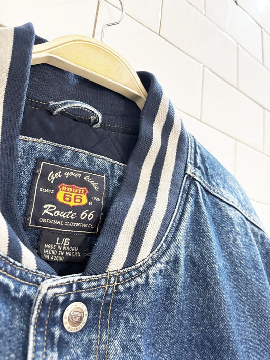 vintage 90s route 66 denim varsity bomber jacket - good market thrift store
