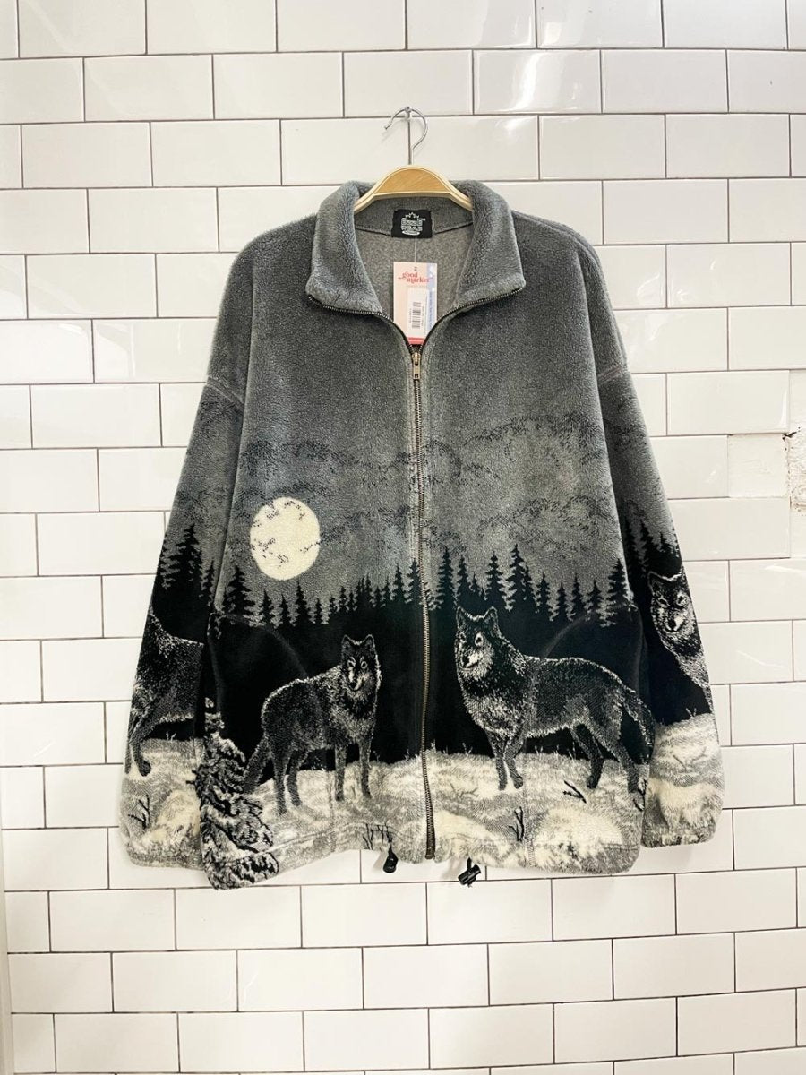 vintage 90s ezze wear cozy cottage wolf forest scene fleece - good market thrift store