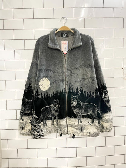 vintage 90s ezze wear cozy cottage wolf forest scene fleece - good market thrift store