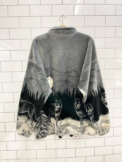vintage 90s ezze wear cozy cottage wolf forest scene fleece - good market thrift store