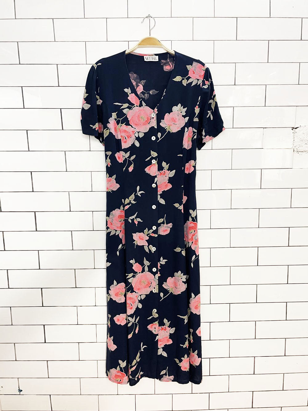vintage 00s nice day floral full button tie back midi dress