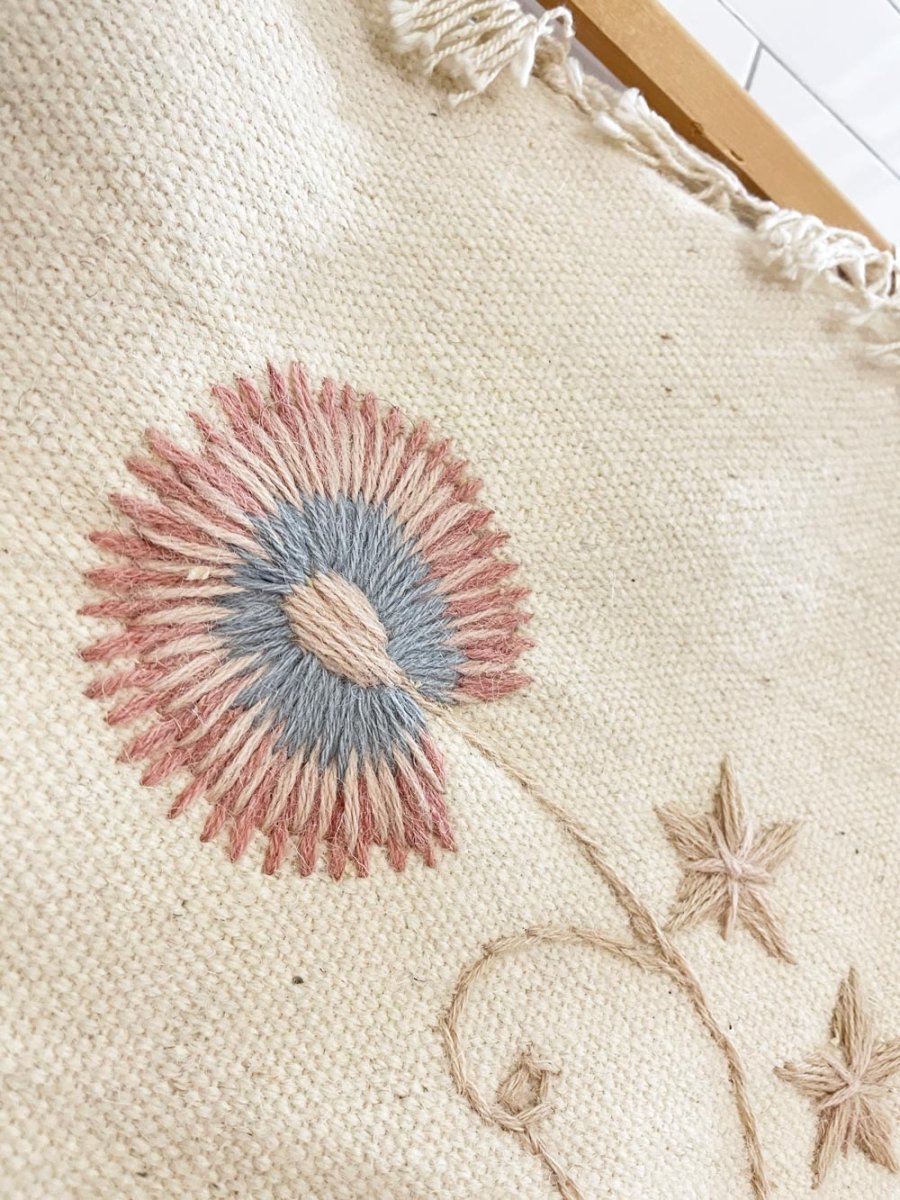 vintage hand - stitched wool flower art wall tapestry - good market thrift store