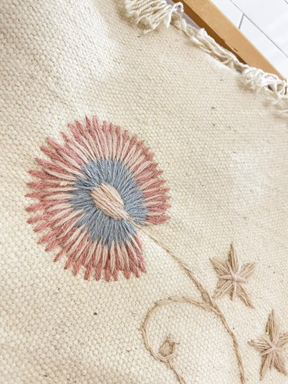 vintage hand - stitched wool flower art wall tapestry - good market thrift store