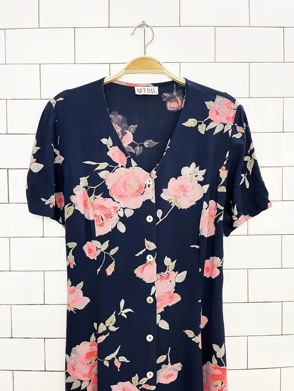 vintage 00s nice day floral full button tie back midi dress