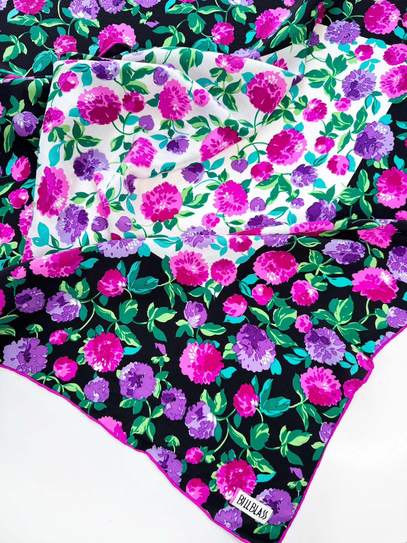 vintage bill blass 100% silk floral xl square scarf | hand-rolled edge