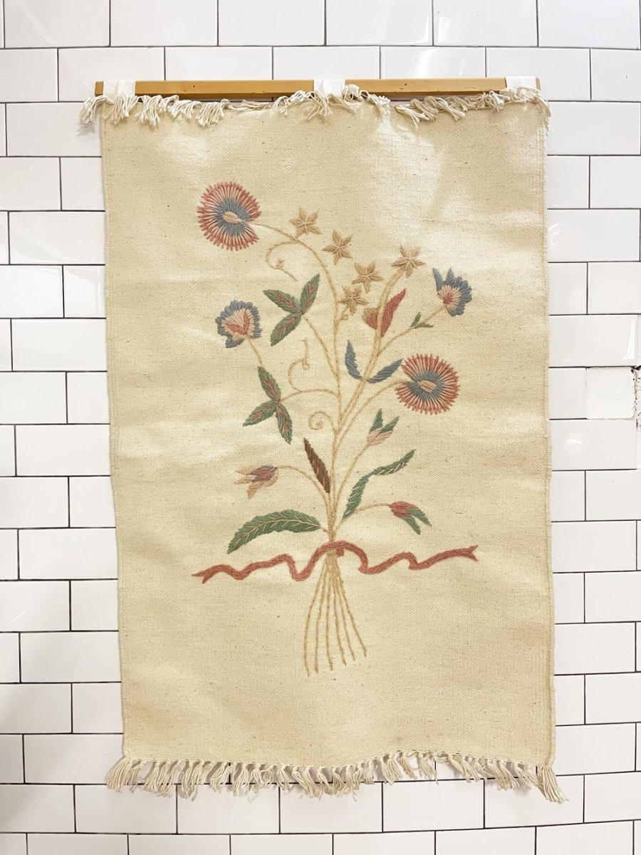 vintage hand - stitched wool flower art wall tapestry - good market thrift store