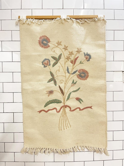 vintage hand - stitched wool flower art wall tapestry - good market thrift store