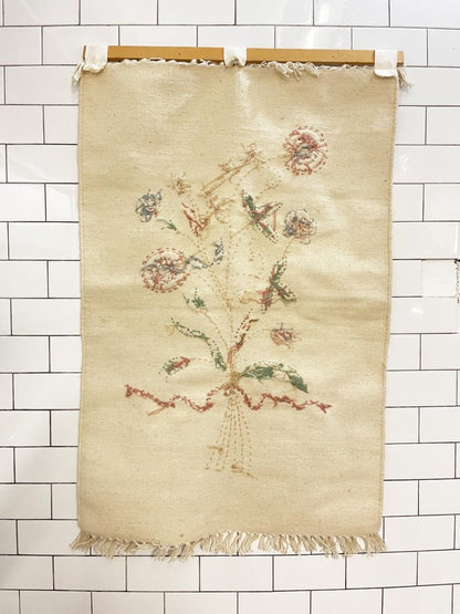 vintage hand - stitched wool flower art wall tapestry - good market thrift store