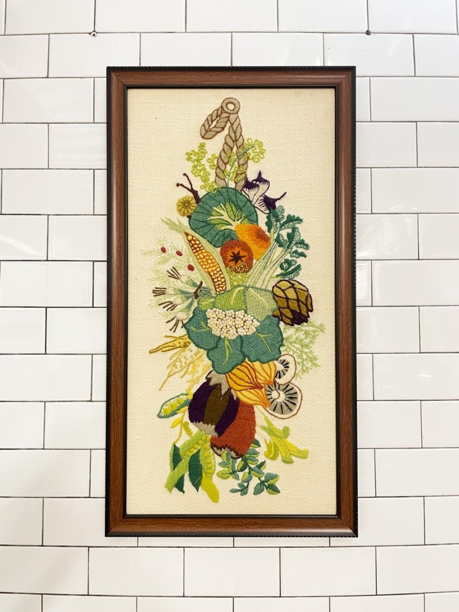 vintage hand - stitched fall florals needlework framed art - good market thrift store