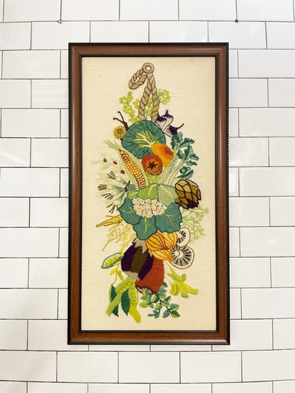 vintage hand - stitched fall florals needlework framed art - good market thrift store