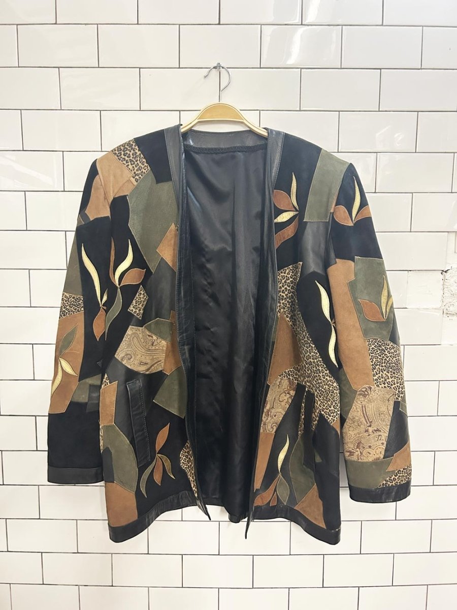vintage 80s elle et lui art patchwork leather jacket - good market thrift store