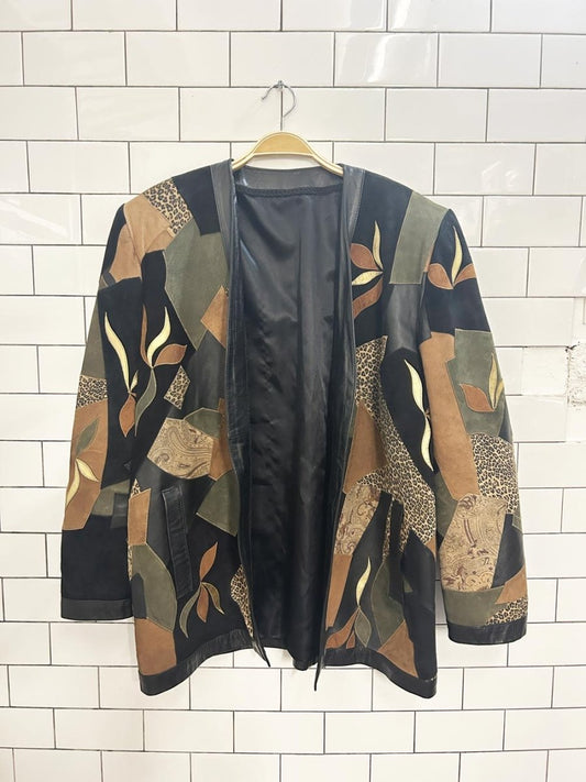 vintage 80s elle et lui art patchwork leather jacket - good market thrift store