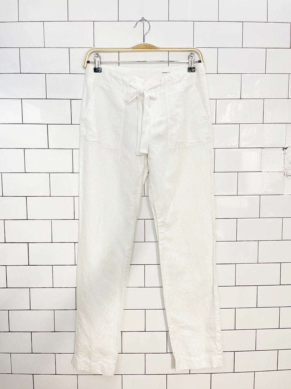 club monaco linen-blend tie waist mid-rise slim pants