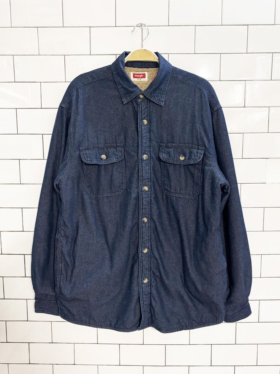 vintage wrangler faux fur lined denim shirt jacket - good market thrift store