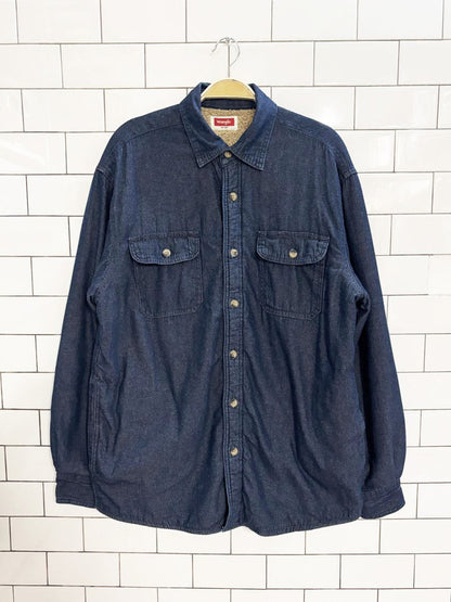 vintage wrangler faux fur lined denim shirt jacket - good market thrift store