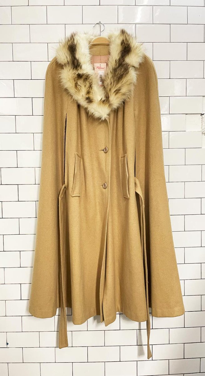 vintage 80s sears wool belted cape w detachable fox fur collar - good market thrift store