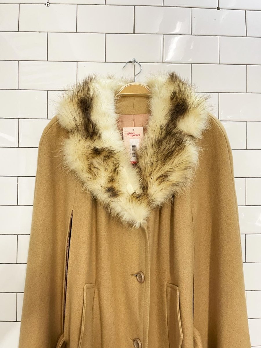 vintage 80s sears wool belted cape w detachable fox fur collar - good market thrift store