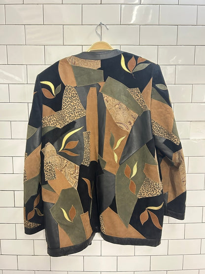vintage 80s elle et lui art patchwork leather jacket - good market thrift store