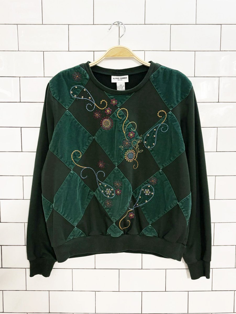 vintage 90s alfred dunner argyle patchwork embroidered sweatshirt - good market thrift store