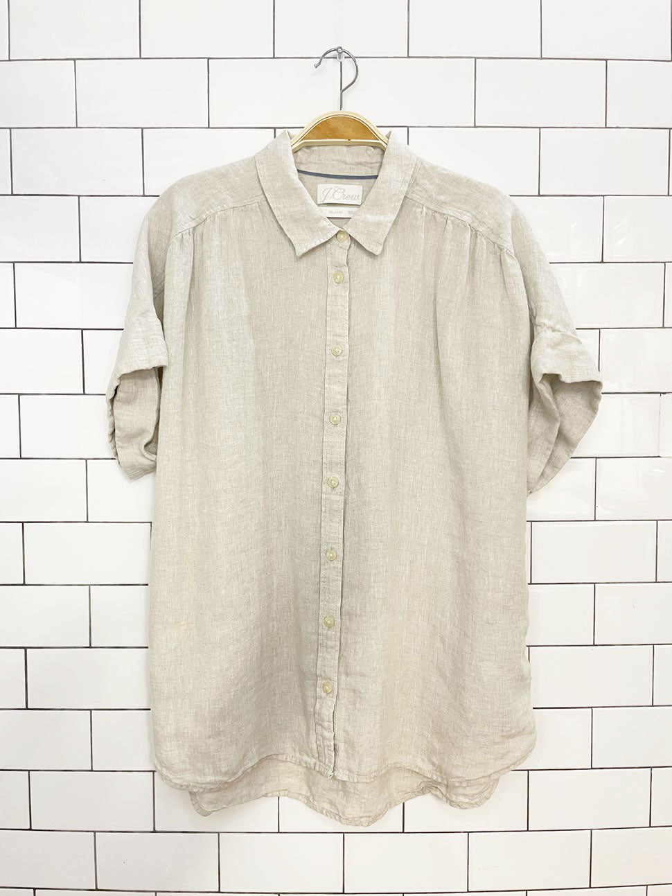 j crew x baird mcnutt 100% irish linen pleated boxy full button shirt | made in india